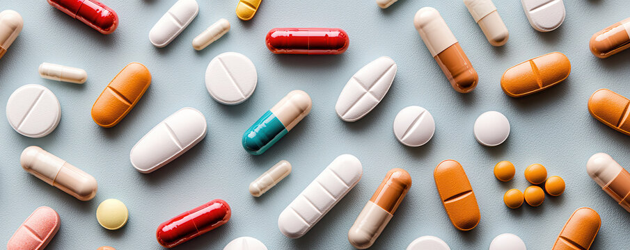 array of multicolored pharmaceutical pills and capsules scattered on surface, showcasing various shapes and sizes, representing health and wellness