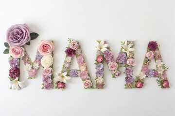 3D floral typography featuring the word 'MAMA' crafted from realistic flowers. Each letter is formed with lush roses, peonies, and tulips in soft pastel shades of pink, lavender, and white. 