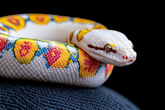 A brightly patterned ball python curled up in a perfect spiral