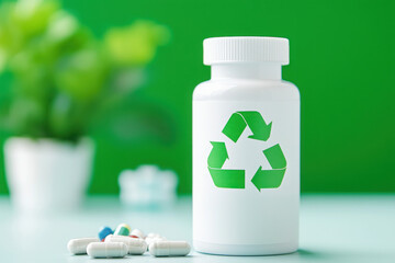 Eco friendly medical pill bottle with recycling symbol, surrounded by capsules and plant. This emphasizes sustainability and health