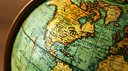 Fototapeta premium Antique globe detail, North America focused, close-up shot, blurred background, travel planning
