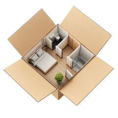  modern apartment in an open cardboard box. The box is isolated on background. PNG. moving, delivery, relocation concept