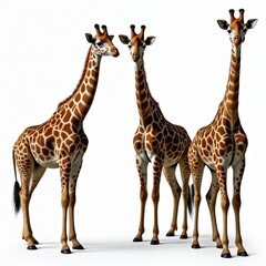 Fototapeta premium Three Rothschild giraffes stand tall against transparent background, distinctive coats. Isolated mammals highlight nature wildlife. Long necks, high stature define creatures, perfect for safari