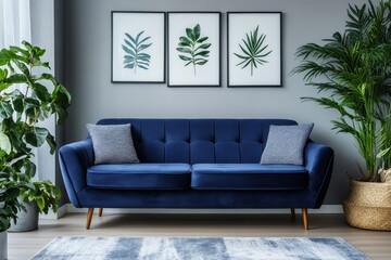 Obraz premium Stylish blue sofa in a modern living room with botanical prints