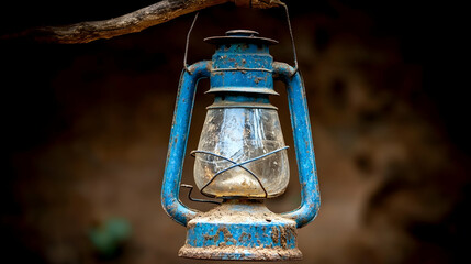 Rustic blue kerosene lamp hanging from a branch in a dark outdoor setting,  emphasizing solitude and vintage charm