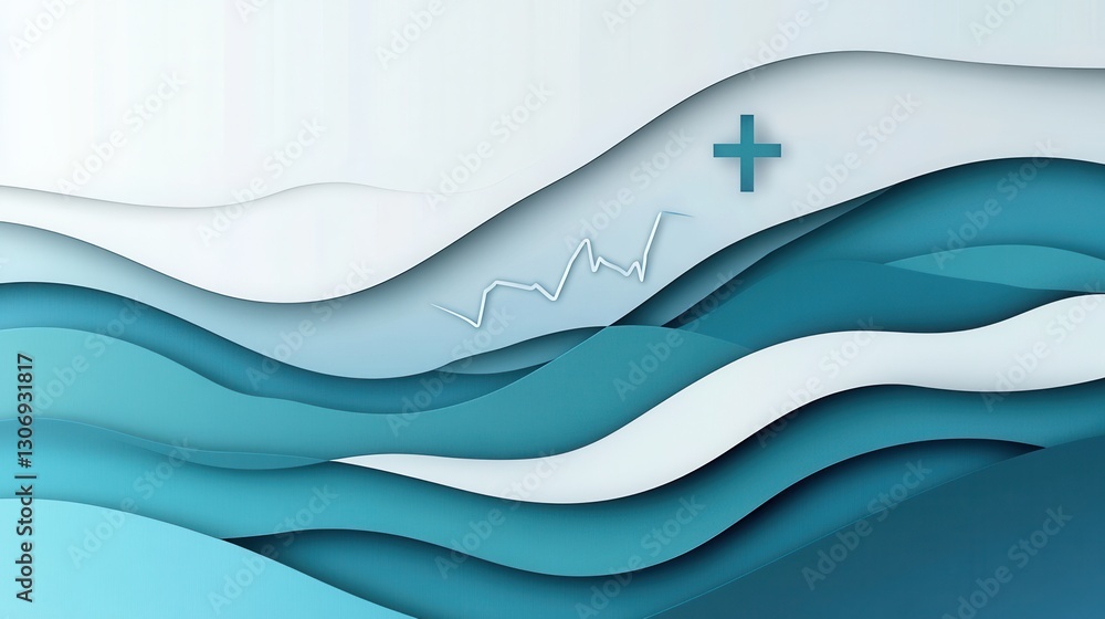 Aufkleber Layers of calming blue and teal in paper art with subtle medical symbols for design and branding Generative AI