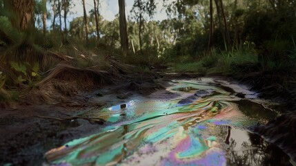 Polluted water with iridescent oil slick reflecting colors in lush green forest setting