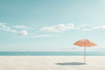 Fototapeta premium Relaxing beach with a pink umbrella on soft sand under a clear blue sky by the calm ocean