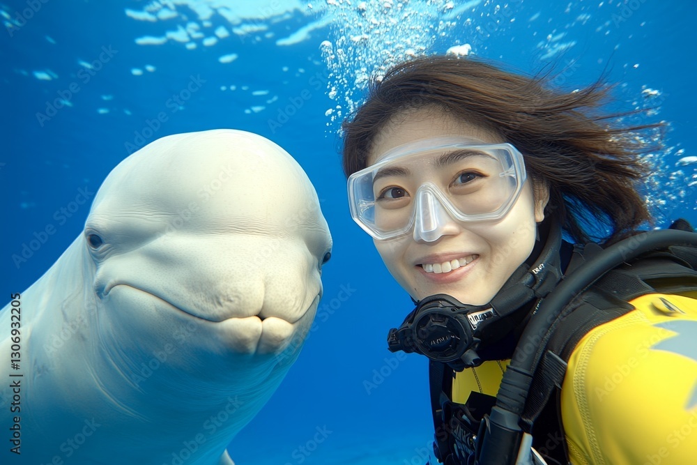 Poster a close-up of a belugaâ€™s expressive face as it interacts with a diver