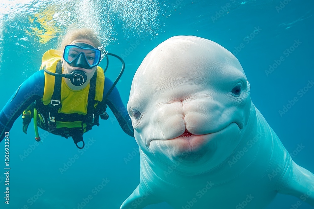 Poster a close-up of a belugaâ€™s expressive face as it interacts with a diver