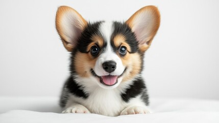 A charming black-and-white Pembroke Welsh Corgi puppy rests on a pristine white backdrop, eyes bright with curiosity as its ears perk up to the right