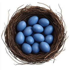 Obraz premium Realistic 3D Icon Cartoon of a Birds Nest Filled with Tiny Indigo Eggs isolated on clear white background