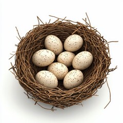 Fototapeta premium Realistic 3D Icon Cartoon of a Birds Nest Filled with Tiny Beige Eggs isolated on clear white background