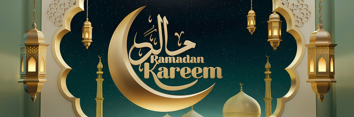 Fototapeta premium Elegant Ramadan Kareem banner with golden Arabic calligraphy, intricate Middle Eastern patterns, hanging lanterns, a mosque dome, crescent moon, glowing stars creating a festive spiritual ambiance