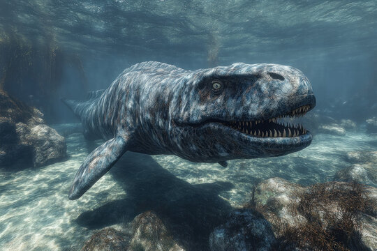 A Tylosaurus in a prehistoric ocean, detailed and fierce, natural setting.