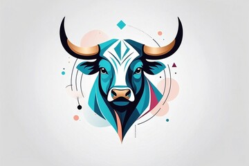 Minimalist logo featuring a cute bull in stencil-style graphics over a stock market chart background