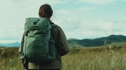 A woman with a vibrant green backpack stands poised for adventure, her confident stance and excited expression radiating a spirit of exploration