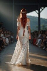 Naklejka premium A woman with long red braids in an elegant long white lace dress confidently walking down the runway, radiating style and grace