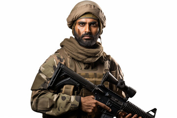 Naklejka premium Indian Soldier in Uniform on White Background – Proud, Disciplined, and Brave Military Man Representing Strength, Leadership, and Commitment to Service in the Indian Army with Honor and Courage
