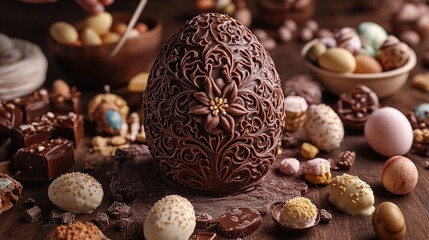 Intricately carved chocolate egg by an expert confectioner, surrounded by Easter treats and decorations, showcasing detailed artistry for festive celebrations.