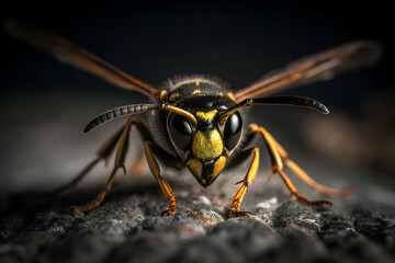 Fototapeta premium Frelon asiatique resting on a textured surface, displaying its sharp features powerful stance and bright colors