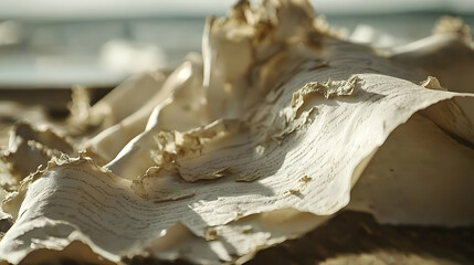 Damaged parchment on beach, sunlit, blurred ocean background