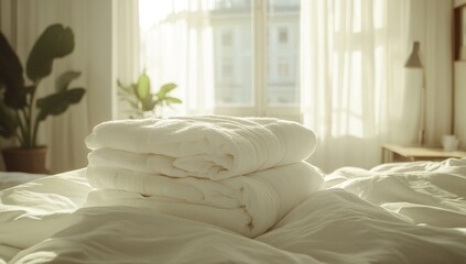 Stacked white robes on a sunlit bedroom bed