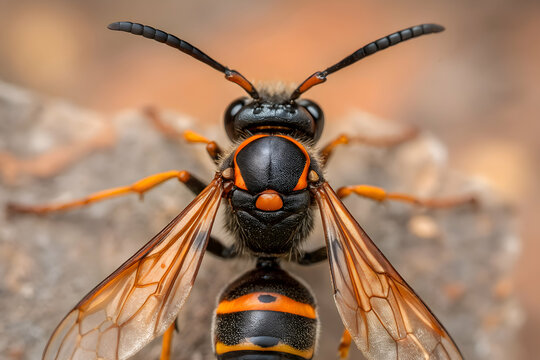 Macro view of an frelon asiatique highlighting its sharp mandibles, yellow black stripes and striking anatomy