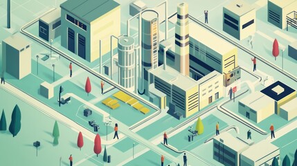 An isometric illustration of an industrial complex and people
