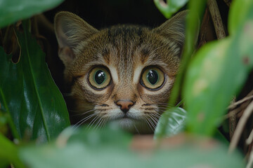 An oncilla (small wild cat) in a jungle, detailed and elusive, natural setting