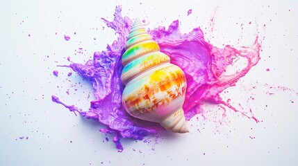 Colorful conch shell on a white background, with a colorful paint splash in shades of purple and yellow. vibrant colors, serene and ethereal atmosphere