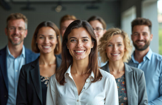 Group portrait of smiling diverse business people, staff, team. Men, women look at camera. Staffing agency, human resources concept. Recruitment, employment, placement. Skills, position, talent, job