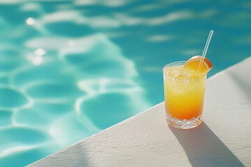 A cocktail glass with orange and yellow drink on the edge of the swimming pool with blue water