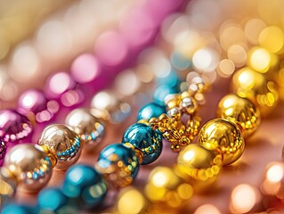 Elegant strands of lustrous beads in varying colors and captivating bokeh effects
