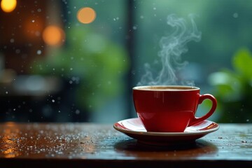 Steaming coffee, umbrella keeping it dry, rain drops , umbrella, beverage, scene