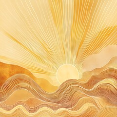 dynamic boho-style illustration featuring a radiant sunburst with flowing wave-like energy lines. 