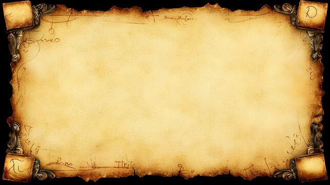 Aged parchment scroll background with ornate corners, ideal for invitations or certificates