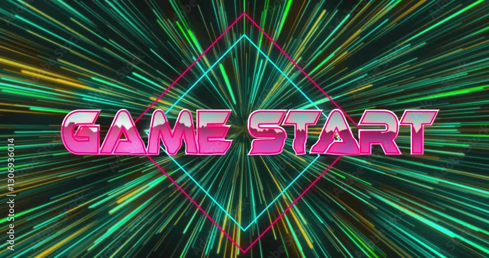 Poster neon colors and radial lines animating retro game start text on dynamic background