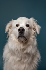 Fototapeta premium Great Pyrenees dog on minimalistic colorful background with Copy Space. Perfect for banners, veterinary ads, pet food promotions, and minimalist designs.