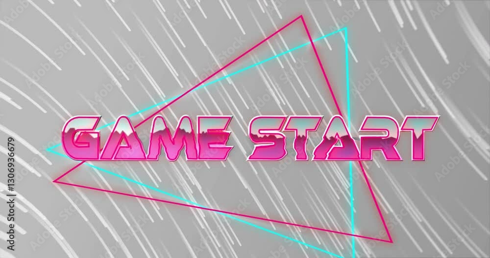 Poster game start text with neon triangles over dynamic rain animation background
