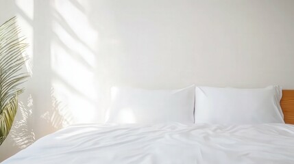 modern bedroom with white linens and wooden decor, natural light, cozy and minimalist interior,