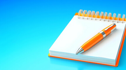 Orange pen on spiral notebook, blank pages, on blue gradient background, for writing notes