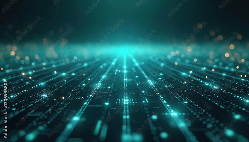 Poster AI tech themed thumbnail backdrop for versatile overlaying. High-resolution digital grid extends horizon in dark tones. Artificial intelligence, machine learning neural networks, data flow, cyber web