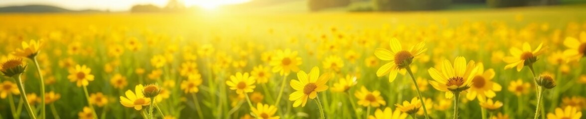 Vibrant sun-drenched yellow field of wildflowers, summer, warm colors, warm