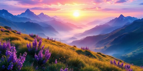 Mountain meadow at sunrise with golden light, fog, and wildflowers