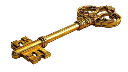 Golden Key Shines Bright, Isolated on White Background