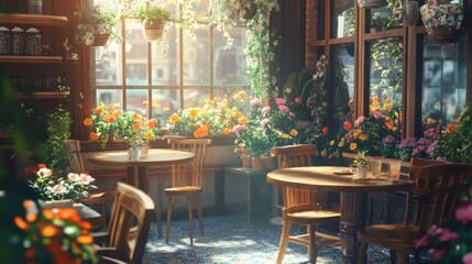 A cozy cafÃ© with flowers outside, bright spring sunshine filtering through windows, inviting and warm, ultra-detailed, 8k
