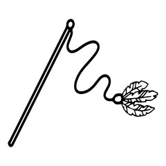 Cat toy. Hand drawn doodle. Feathers on a string and stick. Kitten entertainment. Playing with an animal. Pet care. Vector line art illustration.