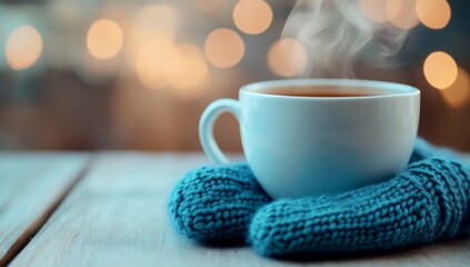 Warm tea in cozy winter gloves
