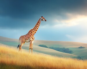 Obraz premium A lone giraffe stands gracefully on a golden grassy hillside